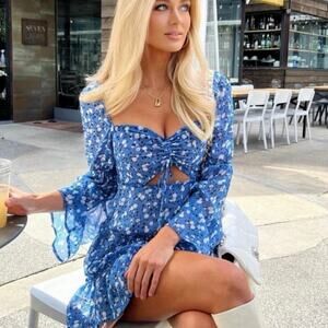 Majorelle Ailish Chiffon Mini Dress Cut Out Long Sleeve Blue Ditsy Medium